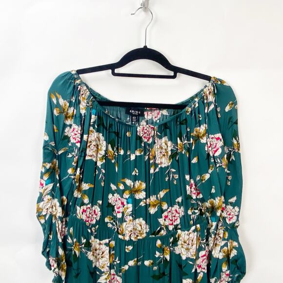 2/$30 Parisian 8 Petite Woens Green Pink Floral Print Peasant Mini Dress Tunic - Picture 3 of 9